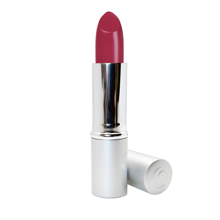 Soft red lipstick.