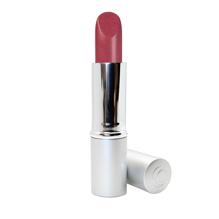 rich shimmering pink lipstick.